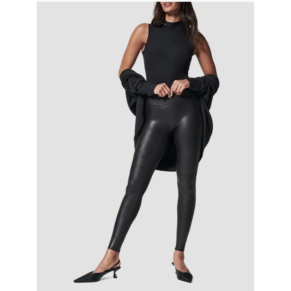 SPANX Faux Leather Leggings Size Large 10-12 Black Edgy Athleisure